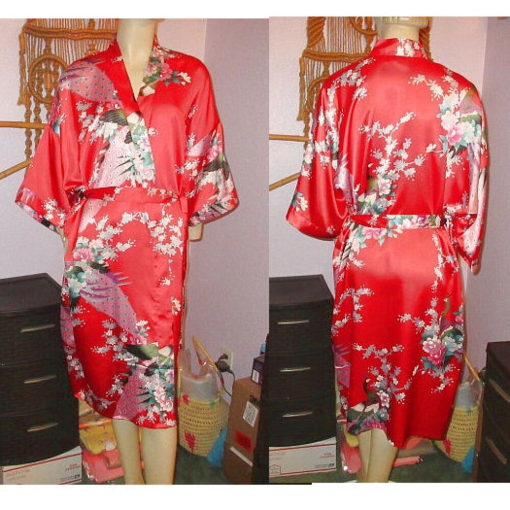 Vtg Silk Kimono Robe One Size Asian Smoking Jacket Dressing Gown Exotic Floral